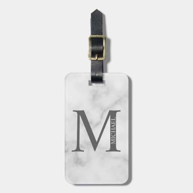 White Marble Personalised Monogram and Name Luggage Tag (Front Vertical)