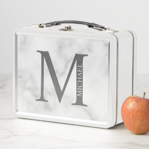 White Marble Personalised Monogram and Name  Metal Lunch Box