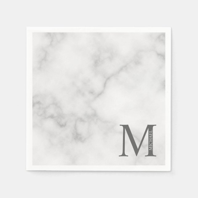 White Marble Personalised Monogram and Name Napkin (Front)