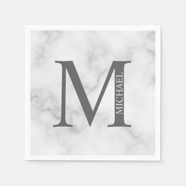White Marble Personalised Monogram and Name  Napkin (Front)