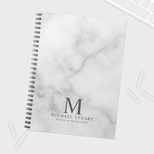 White marble personalised monogram and name notebook (Creator Uploaded)