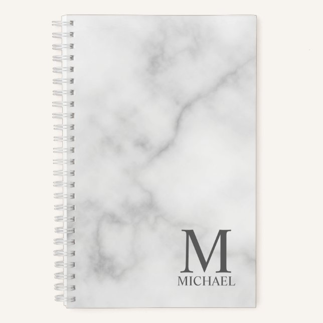 White Marble Personalised Monogram and Name Notebook (Front)
