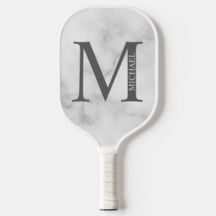 White Marble Personalised Monogram and Name Pickleball Paddle