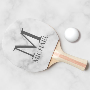 White Marble Personalised Monogram and Name Ping Pong Paddle