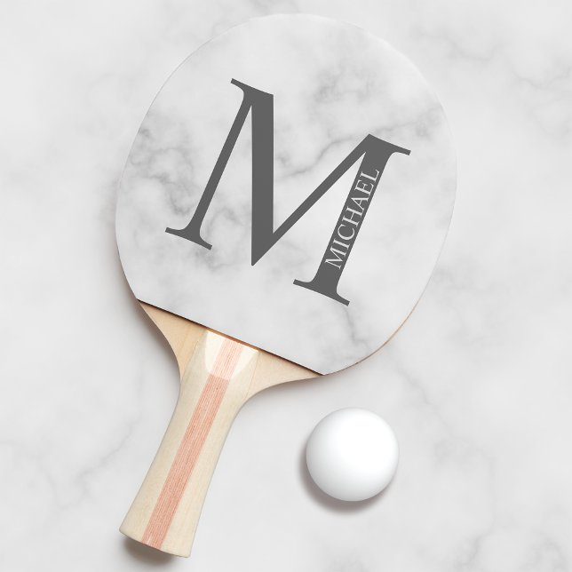 White Marble Personalised Monogram and Name Ping Pong Paddle (Creator Uploaded)