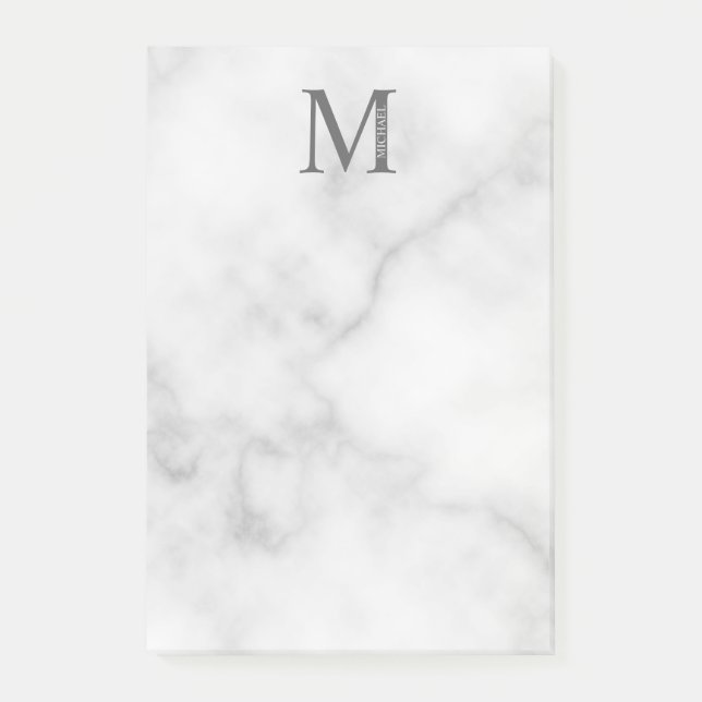White Marble Personalised Monogram and Name Post-it Notes (Front)