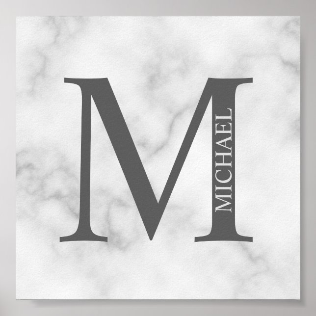 White Marble Personalised Monogram and Name Poster (Front)