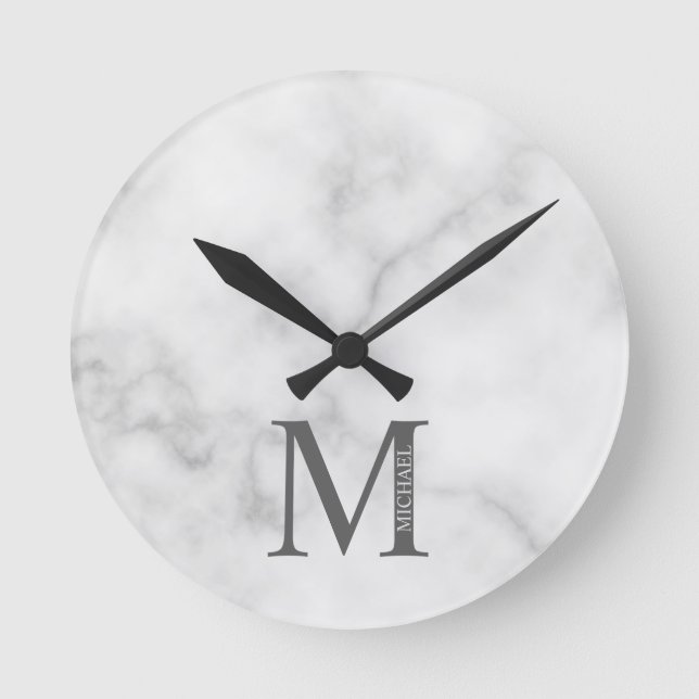 White Marble Personalised Monogram and Name Round Clock (Front)