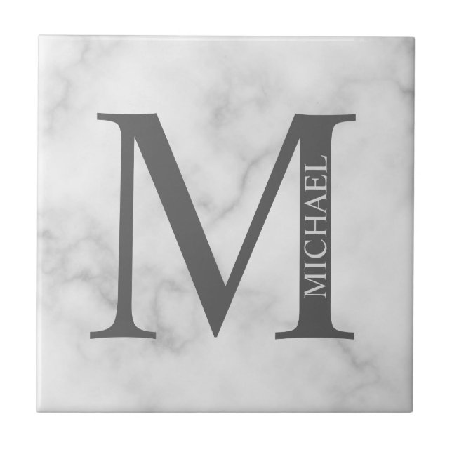 White Marble Personalised Monogram and Name Tile (Front)