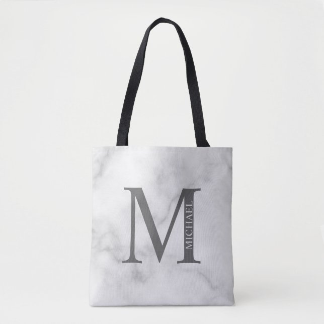 White Marble Personalised Monogram and Name Tote Bag (Front)