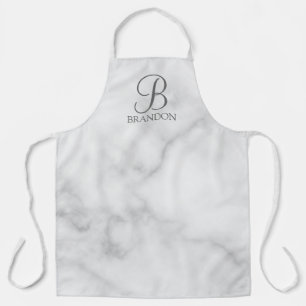 White Marble Personalised Script Monogram and Name Apron
