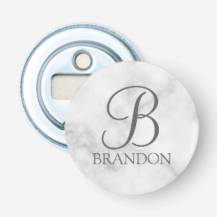 White Marble Personalised Script Monogram and Name Bottle Opener