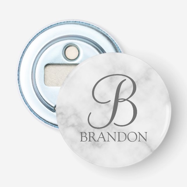 White Marble Personalised Script Monogram and Name Bottle Opener (Front)