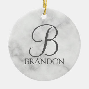 White Marble Personalised Script Monogram and Name Ceramic Tree Decoration