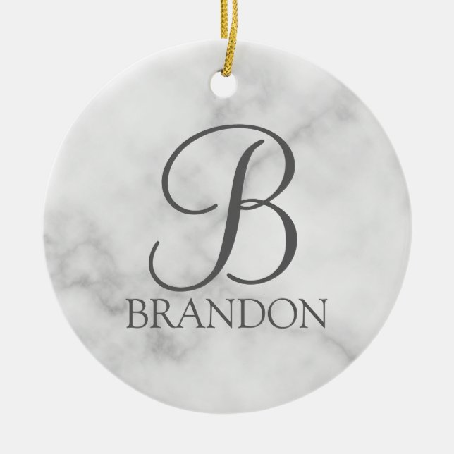 White Marble Personalised Script Monogram and Name Ceramic Tree Decoration (Front)