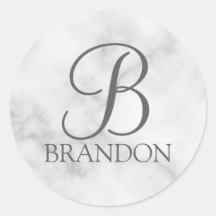 White Marble Personalised Script Monogram and Name Classic Round Sticker