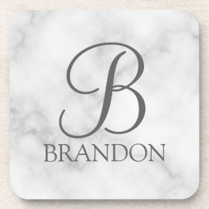 White Marble Personalised Script Monogram and Name Coaster