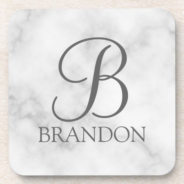 White Marble Personalised Script Monogram and Name Coaster (Front)