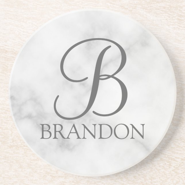 White Marble Personalised Script Monogram and Name Coaster (Front)