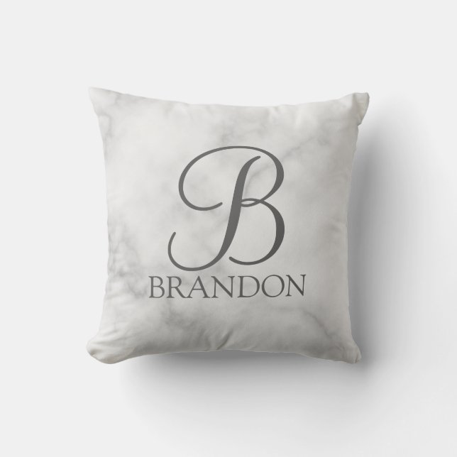 White Marble Personalised Script Monogram and Name Cushion (Front)