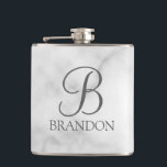 White Marble Personalised Script Monogram and Name Hip Flask<br><div class="desc">Personalised Monogram and Name Gift
features personalised monogram in grey classic script font style and name in grey classic serif font style on white marble background.

Perfect as holiday gift,  father's day gift,  family reunion favours,  thank you gift for groomsmen and gift for any special occasions.</div>