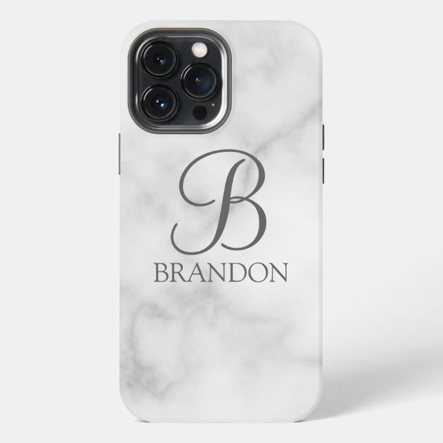 White Marble Personalised Script Monogram and Name iPhone Case (Back)
