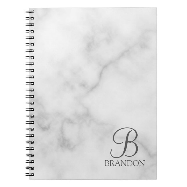 White Marble Personalised Script Monogram and Name Notebook (Front)