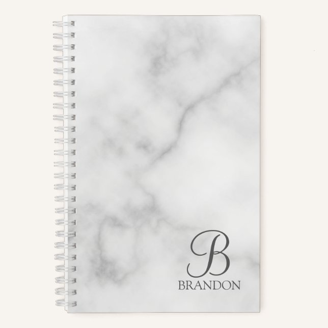 White Marble Personalised Script Monogram and Name Notebook (Front)