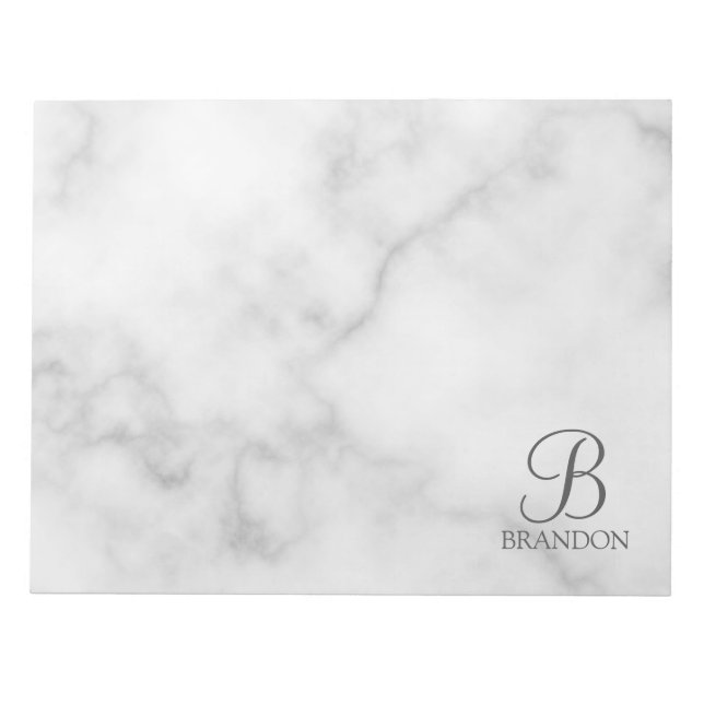 White Marble Personalised Script Monogram and Name Notepad (Front)