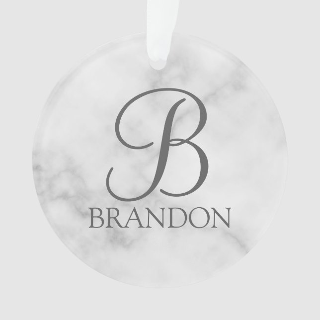 White Marble Personalised Script Monogram and Name Ornament (Front)
