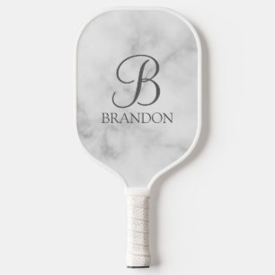White Marble Personalised Script Monogram and Name Pickleball Paddle