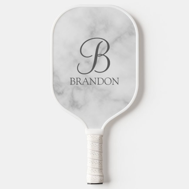 White Marble Personalised Script Monogram and Name Pickleball Paddle (Front)