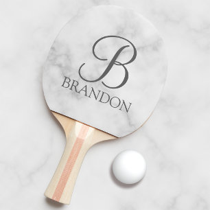 White Marble Personalised Script Monogram and Name Ping Pong Paddle