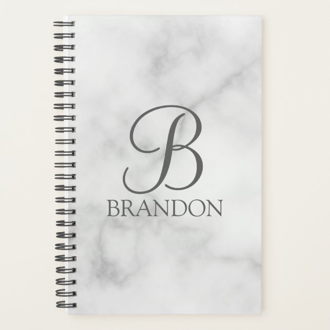White Marble Personalised Script Monogram and Name Planner (Front)