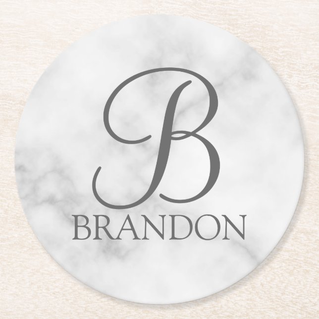 White Marble Personalised Script Monogram and Name Round Paper Coaster (Front)