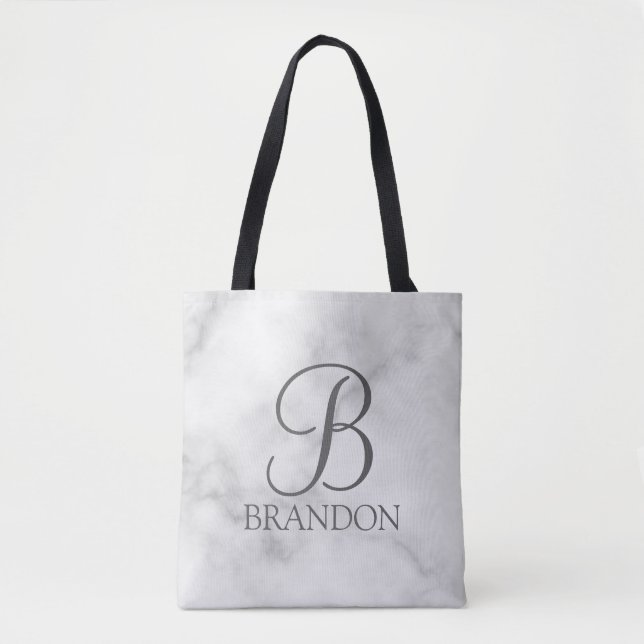 White Marble Personalised Script Monogram and Name Tote Bag (Front)