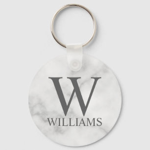White Marble Personalized Monogram and Name Key Ring