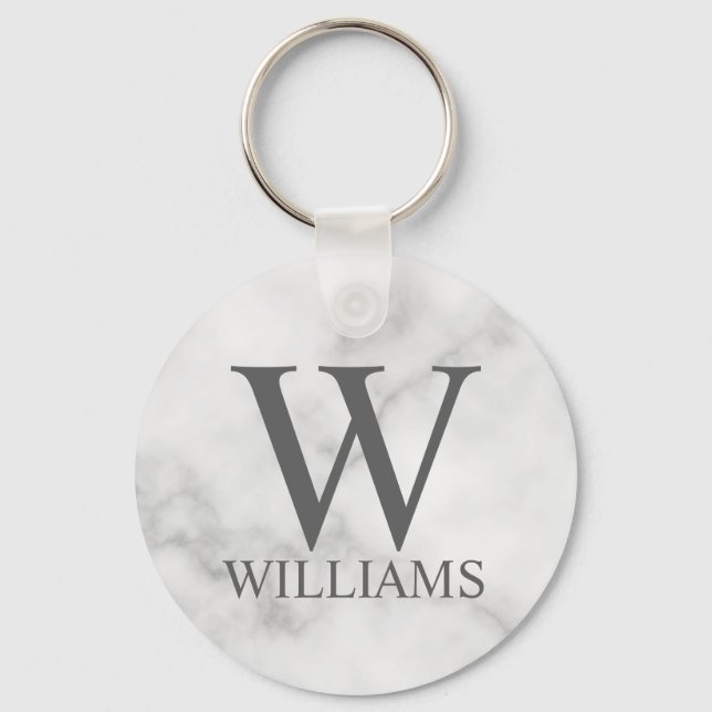White Marble Personalized Monogram and Name Key Ring (Front)