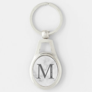White Marble Personalized Monogram and Name Key Ring