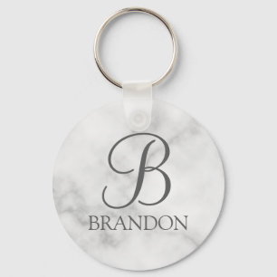 White Marble Personalized Script Monogram and Name Key Ring