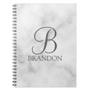 White Marble Personalized Script Monogram and Name Notebook