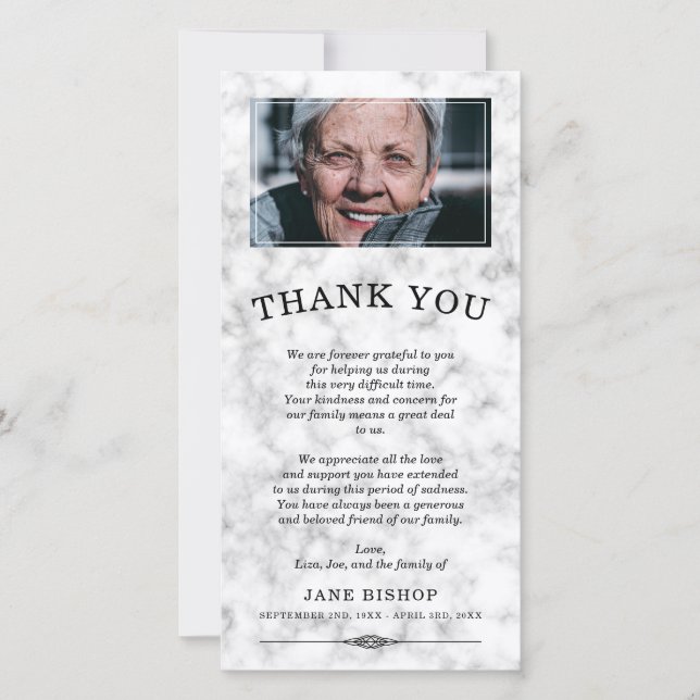 White Marble Photo Sympathy Thank You Card (Front)