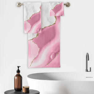 White Marble Pink Agate Gold Glitter Bath Towel Set