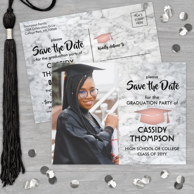 White Marble & Pink Graduation Photo Save the Date Postcard (Creator Uploaded)