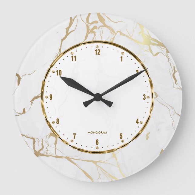White Marble Print With Gold Crackles Large Clock (Front)