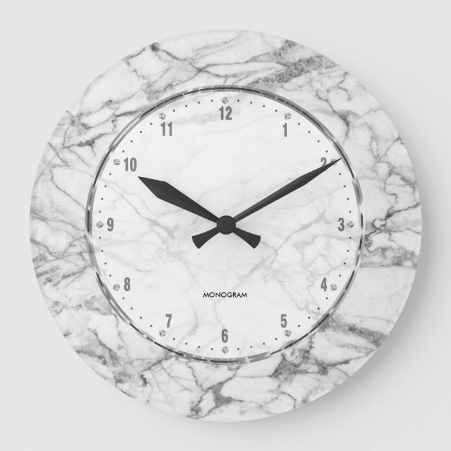 White Marble Print With Grey Crackles Large Clock (Front)