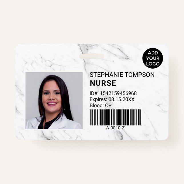 White marble professional nurse photo logo code ID badge (Front)