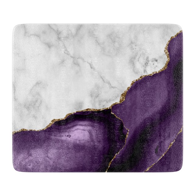 White Marble Purple Agate Gold Glitter Cutting Board (Front)