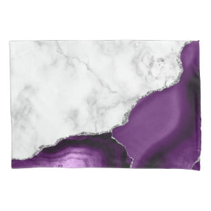 White Marble Purple Agate Silver Glitter Pillowcase