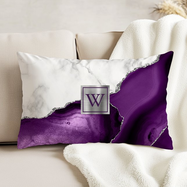 White Marble Purple Agate Silver Monogram Decorative Cushion (Creator Uploaded)